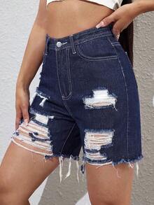 Jeanoix Women's High Waist Pocket Distressed Frayed Hem Denim Shorts Concert Navy Blue And White Summer Casual - Dark Wash - View 4