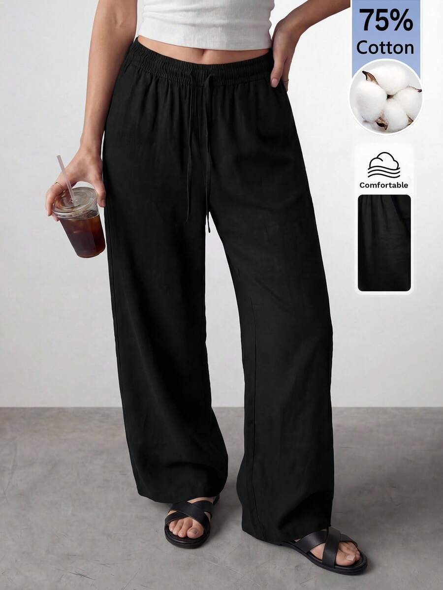 SHEIN ICON Quần nỉ nữ ống rộng màu đen trơn, thoải mái và giản dị, chất liệu dệt kim.