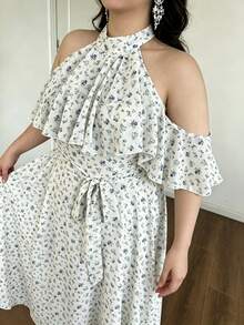 Vibekara Spring, Summer, Vacation, Elegant, Romantic Chiffon Floral Print Halter Tie Shoulder Ruffle Decor A-Line Flowing Maxi Dress, Formal Occasion Gown - Blue and White - View 6