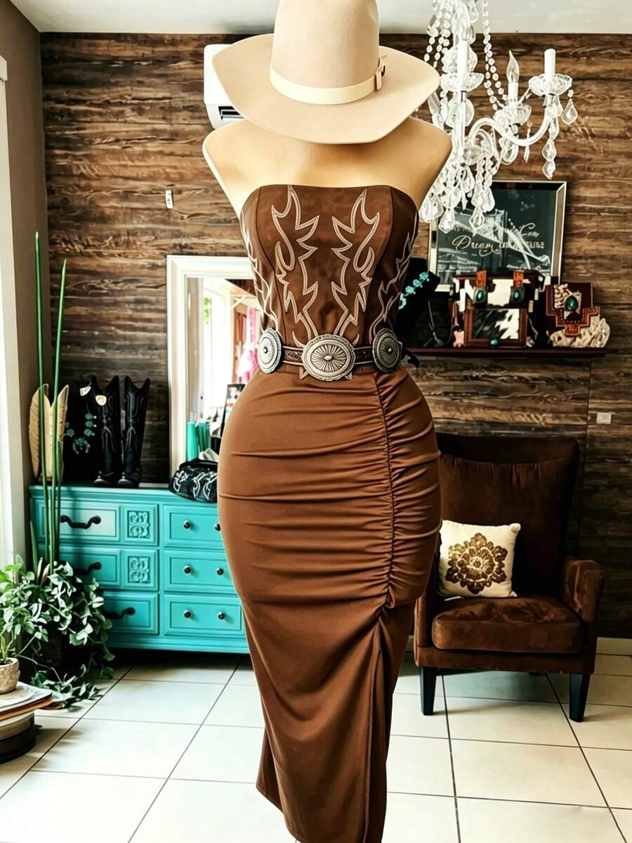 NostaNoir Đầm dự tiệc xếp ly quây eo thanh lịch dành cho nữ - màu nâu - Xem 1