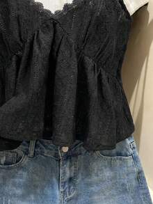 SHEIN Frenchy 大码女式V领收腰纹理休闲百搭背心 - 黑色 - 查看 3