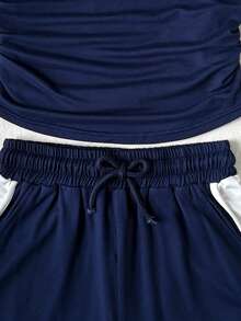 Tween Girls Polo Collar Co-Ord Set, Blue & White Splice Color Block Snug Fit Short Sleeve, Waist Ruched, Versatile & Minimalist, Spring/Summer - Blue and White - View 5
