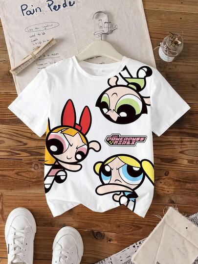 THE POWERPUFF GIRLS X SHEIN Tween Girl Cartoon Print Short Sleeve T-Shirt