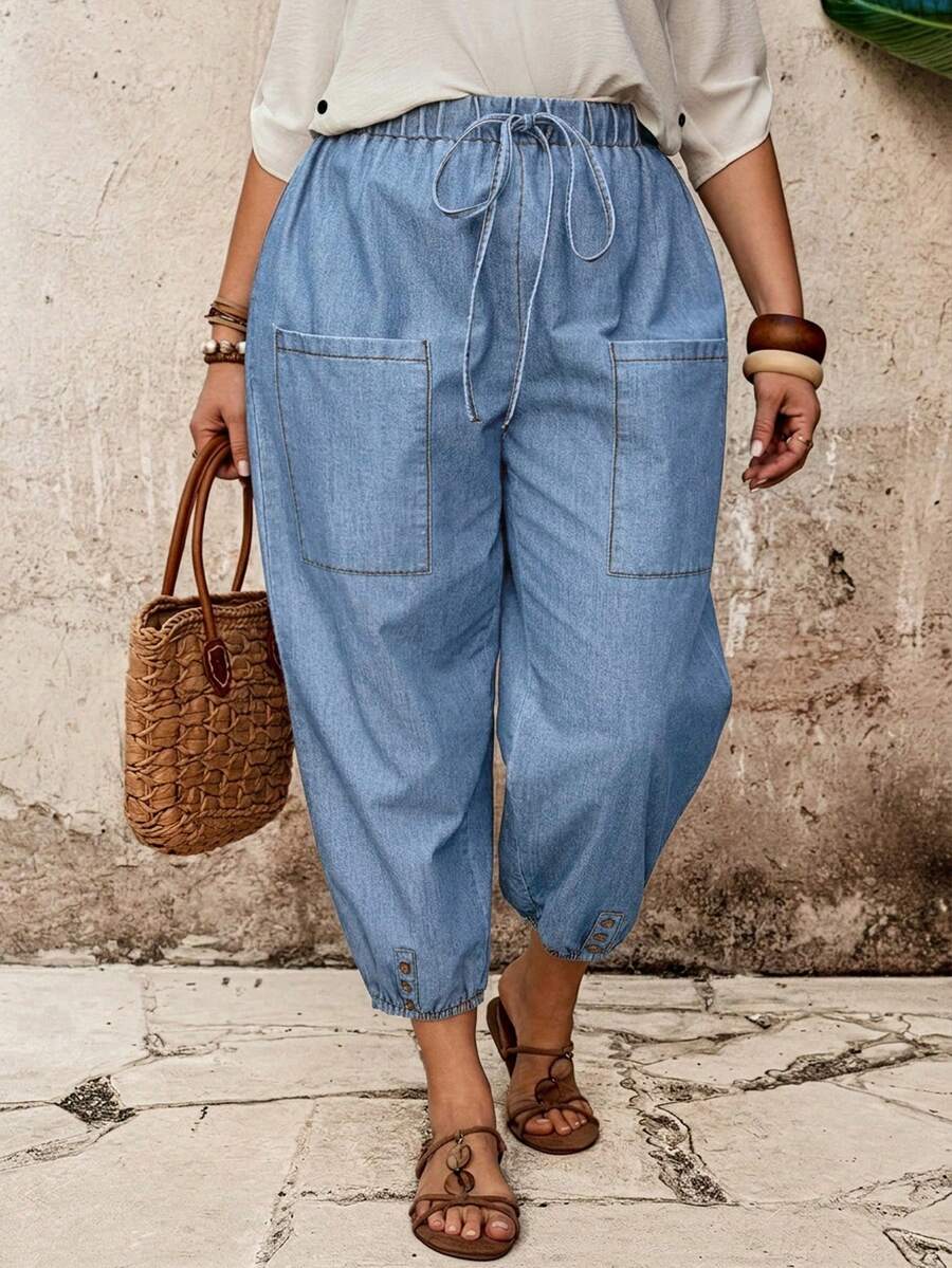 EMERY ROSE EMERY ROSE Plus Size Women Drawstring Waist Pocket Casual Versatile Daily Wear Denim Jeans - Light Wash - View 1