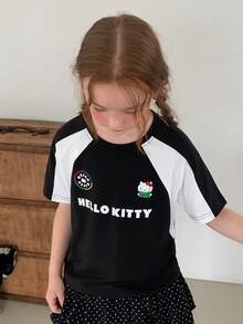 Dazy Kids HELLO KITTY | DAZY Maglietta casual estiva a maniche corte con stampa di lettere e blocchi di colore per ragazze pre-adolescenti - Bianco e nero - Visualizzare 1