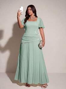 Viva Relle Plus Size Women's Sage Green Summer Elegant Wedding Guest Dress,Luxury Square Neck Short Ruffle Sleeve Rhinestone Pleated Long Formal Dress - Green - View 1