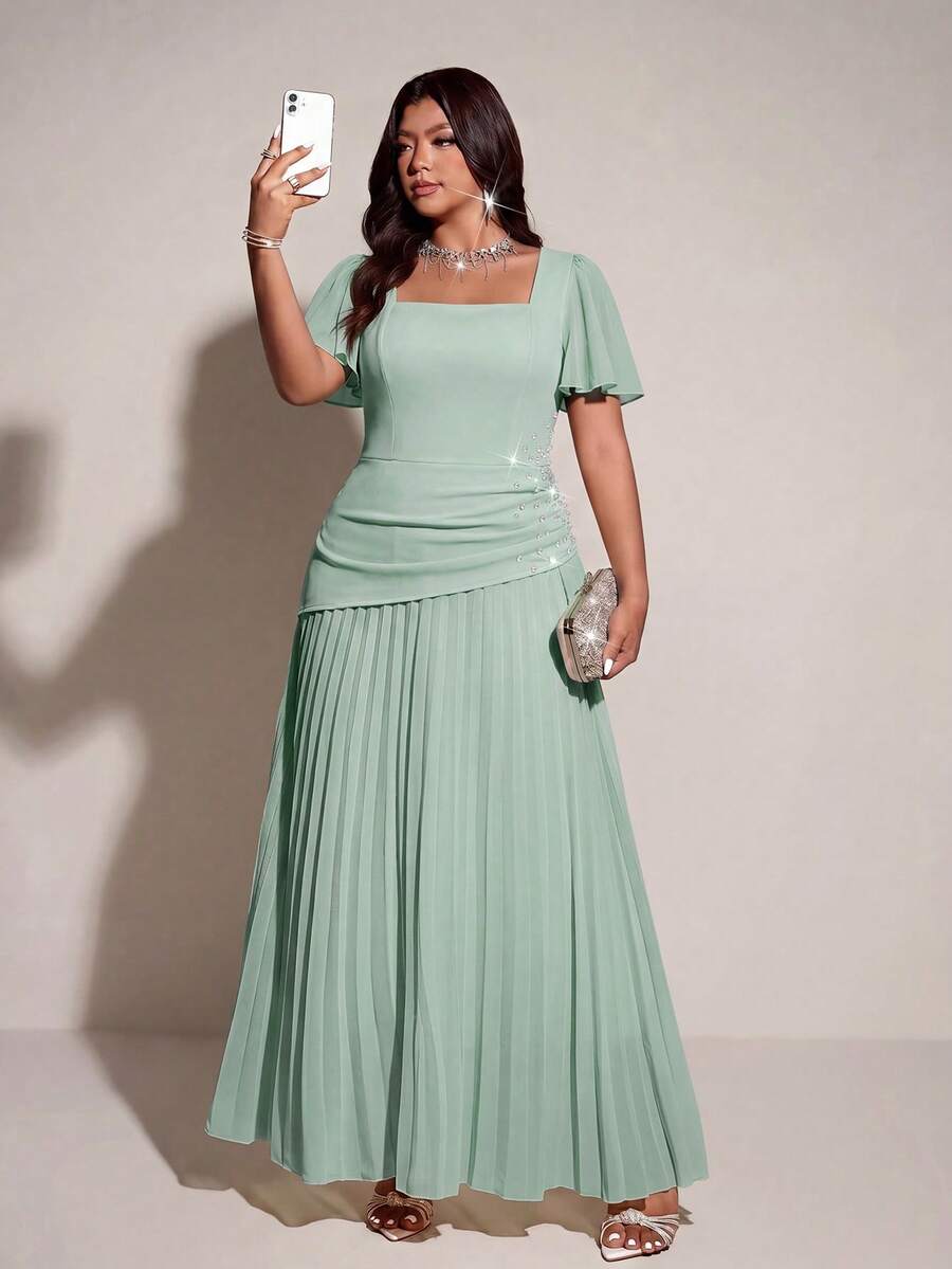Viva Relle Plus Size Women's Sage Green Summer Elegant Wedding Guest Dress,Luxury Square Neck Short Ruffle Sleeve Rhinestone Pleated Long Formal Dress - Green - View 1