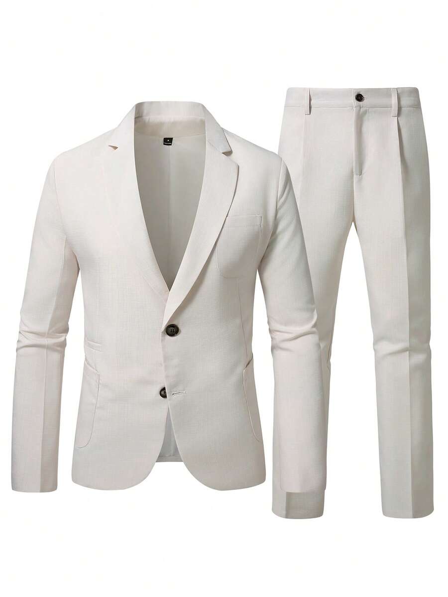 Manfinity Mode Bộ suit nam dài tay cổ bẻ gồm blazer & quần dài, màu trắng, phong cách casual thanh lịch cho tiệc cưới mùa hè, phong cách Old Money sang trọng, vintage Y2k streetwear, lễ nghi - Màu be - Xem 1