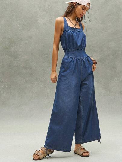 Bohemela Women's Casual Solid Color Woven Denim Jumpsuit