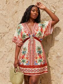 SHEIN SXY Đầm nữ cỡ lớn in họa tiết cây cọ, tay cánh dơi, thắt nơ phía trước, kiểu dáng thường ngày. - Nhiều màu - Xem 5