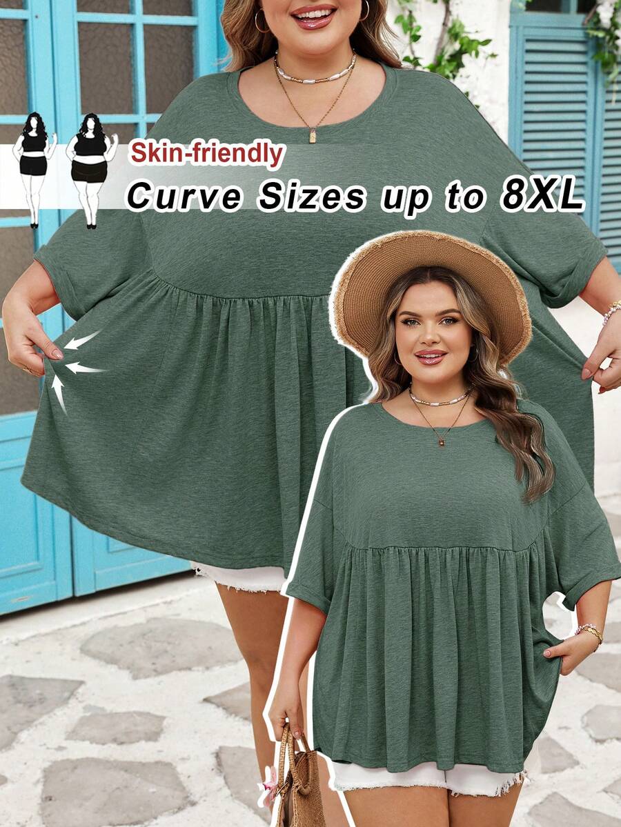 SHEIN CURVE+ Curve 尺码 US22 音乐节、海滨度假、波西米亚风女士超宽松弹力娃娃衫 T 恤 - 墨綠色 - 查看 1