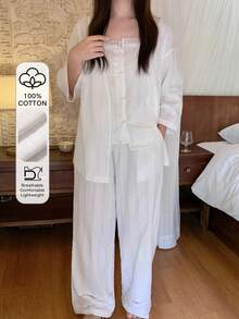 Dazy Plus 3件套度假风大码女式白色波点纹理面料睡衣套装，春夏款 - 白色 - 查看 1