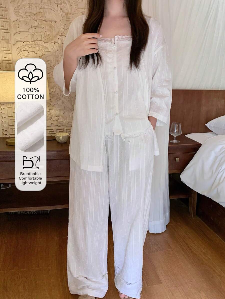 Dazy Plus 3件套度假风大码女式白色波点纹理面料睡衣套装,春夏款 - 白色 - 查看 1
