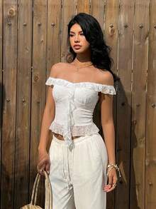 Aloruh Blusa de moda con hombros descubiertos, volantes y encaje para mujer - Blanco - Ver 4