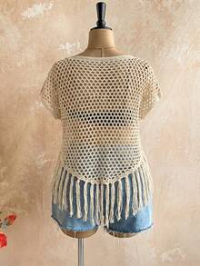 Travachic Plus Size Casual Solid Color Fringe Hem Hollow Out Knit Top - White - View 2