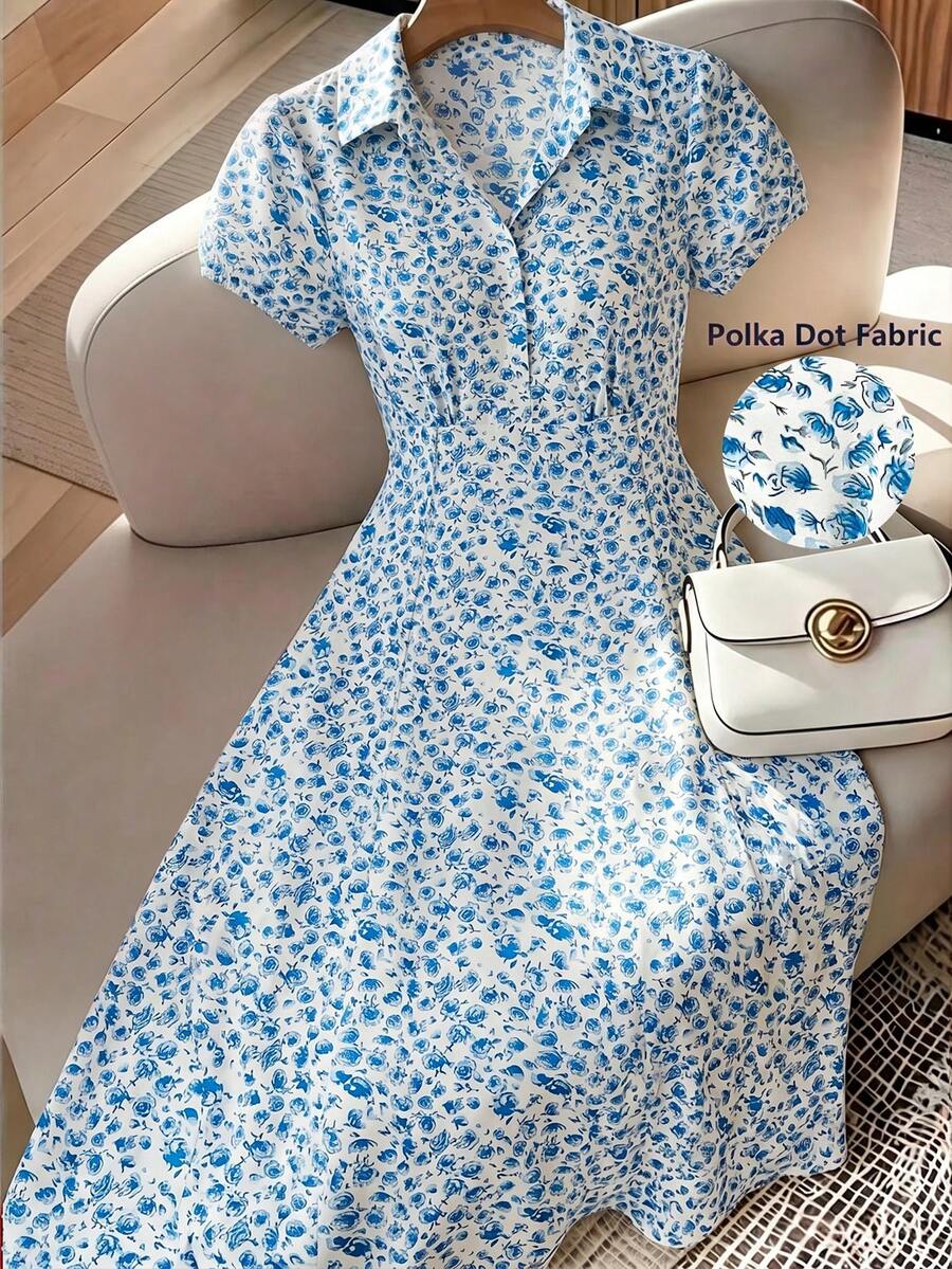 Franclia Đầm ngắn tay kiểu Pháp thanh lịch dành cho nữ cỡ lớn, đầm maxi chữ A tay ngắn in hoa màu xanh dương, cổ áo sơ mi, thắt eo, thích hợp cho kỳ nghỉ ở vùng quê Ý, đầm dự tiệc trà chiều mùa hè. - Xanh và trắng - Xem 1