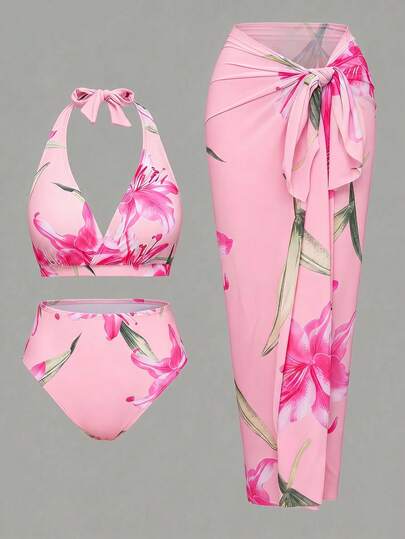 Swim Oasis 大码女式三件套性感吊带随机数码印花沙滩/泳池休闲优雅泳衣套装
