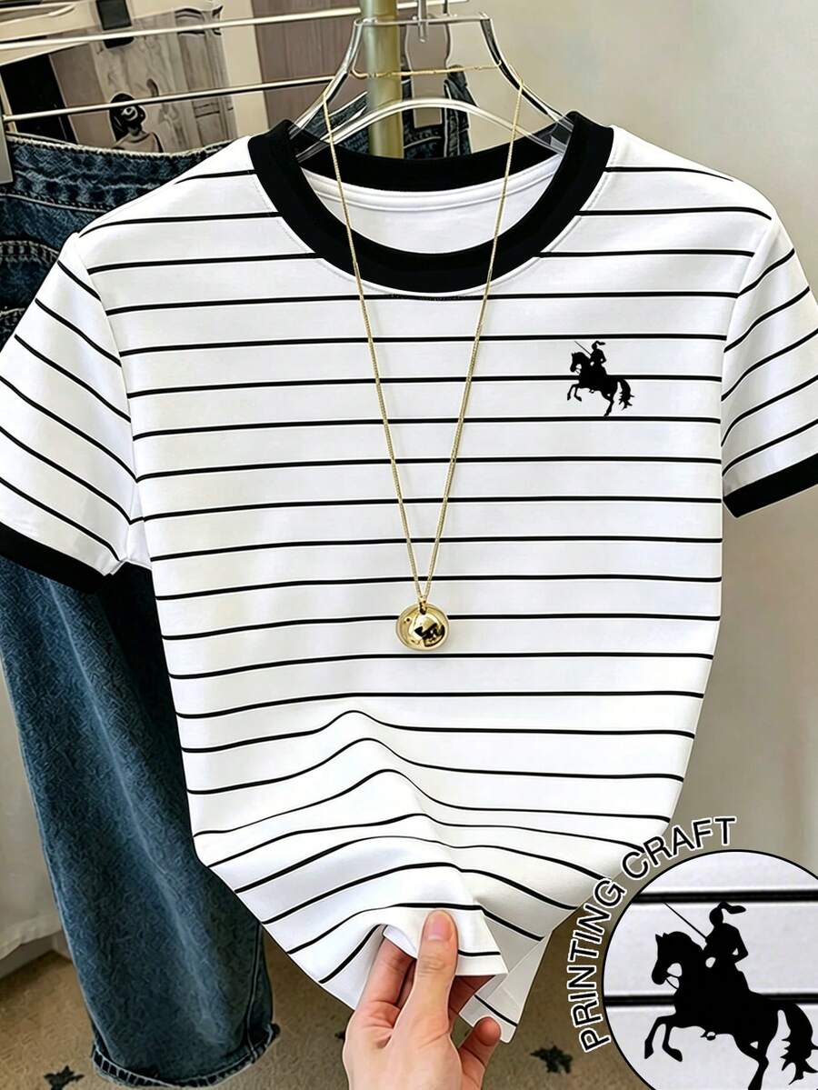 Resyla Women's Color Block Knight Print Striped Short Sleeve Round Neck T-Shirt - White - View 1