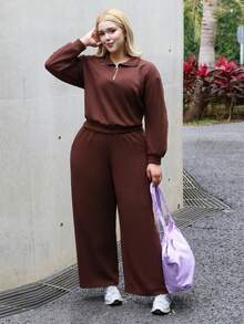 CHERRY TINTT SELECTION Plus Size Casual Solid Color Sweatshirt And Sweatpants Set Elegant - Brown - View 1