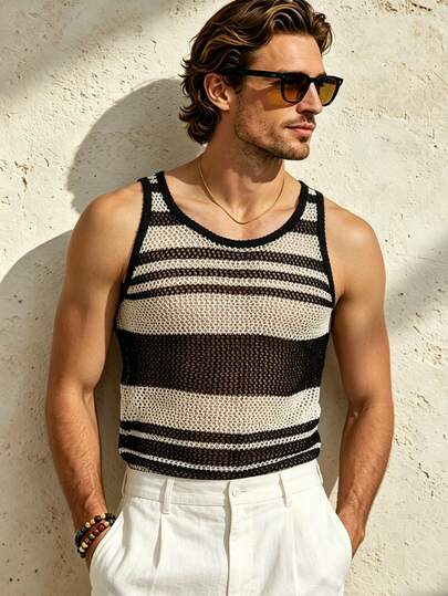 Airaco Men's Summer Beach Vacation Colorblock Striped Hollow-Out Knit Top