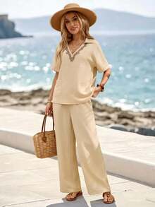 EMERY ROSE Bộ 2 món áo và quần ngắn tay họa tiết cây cỏ dành cho nữ, thích hợp cho kỳ nghỉ hè. - Màu Khaki - Xem 1