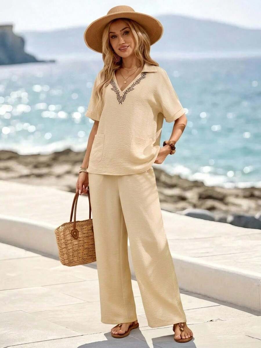 EMERY ROSE Bộ 2 món áo và quần ngắn tay họa tiết cây cỏ dành cho nữ, thích hợp cho kỳ nghỉ hè. - Màu Khaki - Xem 1