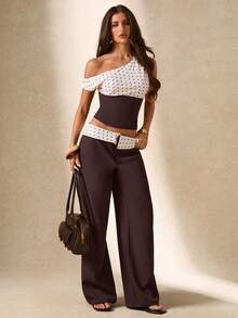 SHEIN BAE Áo kiểu nữ màu nâu chấm bi phối vải, thích hợp cho các hoạt động giải trí, mặc hàng ngày, đi chơi, áo kiểu chấm bi phối vải, áo cổ lệch, áo đi làm, thích hợp cho công sở, áo kiểu chấm bi phối vải màu nâu. - Rỉ Nâu - Xem 3