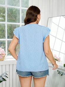 SHEIN Clasi Áo kiểu nữ cỡ lớn in hoa, cổ chữ V, tay ngắn, cài cúc, thích hợp cho mùa hè, xuân, nghỉ lễ và đi chơi. - Màu xanh lam - Xem 3