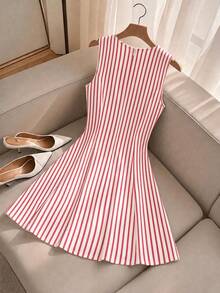 Vestido de línea A sin mangas con lazo en la cintura y lunares, adecuado para la escuela, picnic de fin de semana, salida casual con amigos, estilo fresco y dulce - Rojo y blanco - Ver 2
