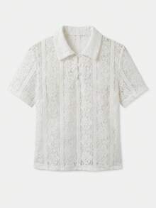 lacRébo Áo Polo ren hoa trắng với cổ áo móc, áo ren xuyên thấu mùa xuân hè, áo ren trắng, áo kiểu Pháp, áo đi nghỉ mát, áo đi chơi. - Màu be - Xem 7