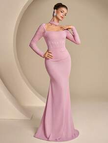 Coutiva Women's Lace Patchwork Ruffle Fishtail Hem Formal Evening Gown (Heavily Embellished) - Baby Pink - View 4