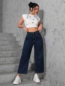 SHEIN ICON 大码女式休闲宽松直筒浅蓝色无弹力牛仔裤 - 深色水洗藍 - 查看 7