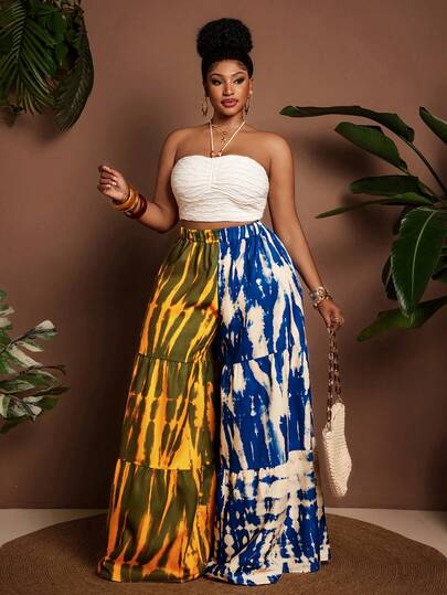 Maweii Plus Size Color Block Patchwork Casual Retro Wide Leg Pants