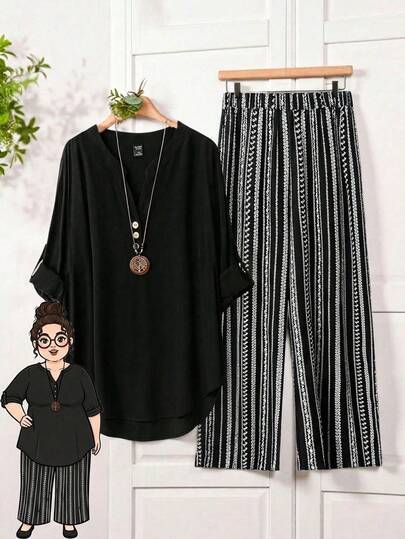 Rusticease 2pcs/Set Plus Size Solid V-Neck Short Sleeve Top And Allover Print Pants Leisure Vacation Outfit, For Summer,Holiday Outfits Boho