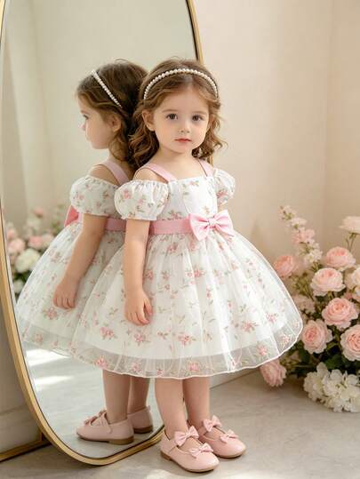 Glamorique Kids 女婴粉色刺绣网纱连衣裙，配腰带和蝴蝶结，无袖/短袖公主裙，适合生日、婚礼、派对、节日等场合。