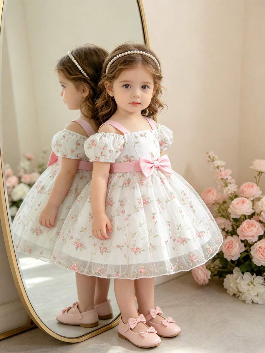 Glamorique Kids 女婴粉色刺绣网纱连衣裙,配腰带和蝴蝶结,无袖/短袖公主裙,适合生日、婚礼、派对、节日等场合。 - 粉色 - 查看 1