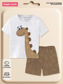 SHEIN Playful Pals 1 Bộ áo phông in hình khủng long hoạt hình cho bé trai và quần short màu nâu phù hợp, trang phục dễ thương để mặc hàng ngày, phù hợp cho mùa xuân và mùa hè - Nhiều màu - Xem 7