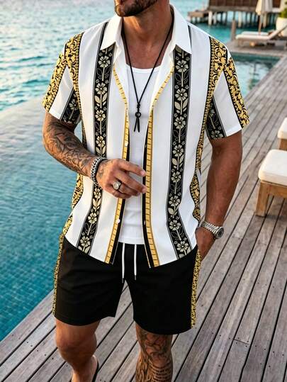 Manfinity Homme Men's Casual Retro Print Short Sleeve Shirt And Shorts Set, Suitable As Gift For Husband