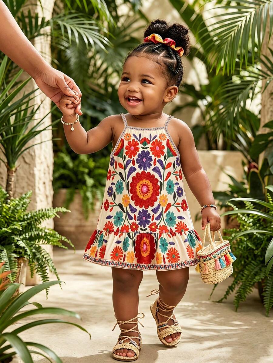 Baby Girl 0-3 Years Cute Floral Pattern Ruffle Hem Suspender Dress, Suitable For Summer Daily Wear, Outings, Vacation, Party, Summer Holiday - Multicolor - View 1