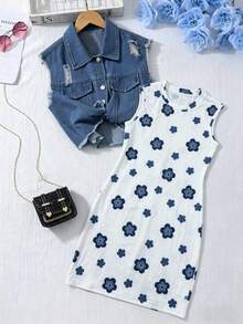 SHEIN Bộ đồ 2 mảnh cho bé gái tuổi teen: Áo hai dây dệt kim đen khoét lưng kết hợp với áo khoác denim rách, trang phục đi làm thường ngày. Áo crop top xanh dương bạc màu xoắn phía trước + áo hai dây dệt kim đen, bộ đồ thường ngày đa năng. - Màu xanh lam - Xem 3