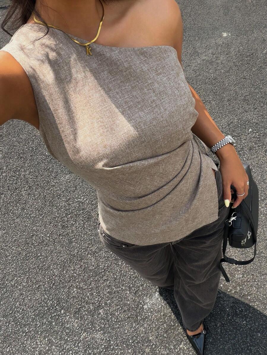 Aloruh 极简通勤春夏新款杏色条纹褶皱系带女式短衬衫 - 卡其色 - 查看 1