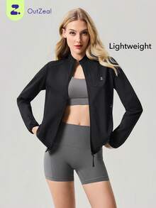 OutZeal Chaqueta negra deportiva para mujer, ropa de gimnasio, ligera, de manga larga con cremallera, parte superior activa - Negro - Ver 9