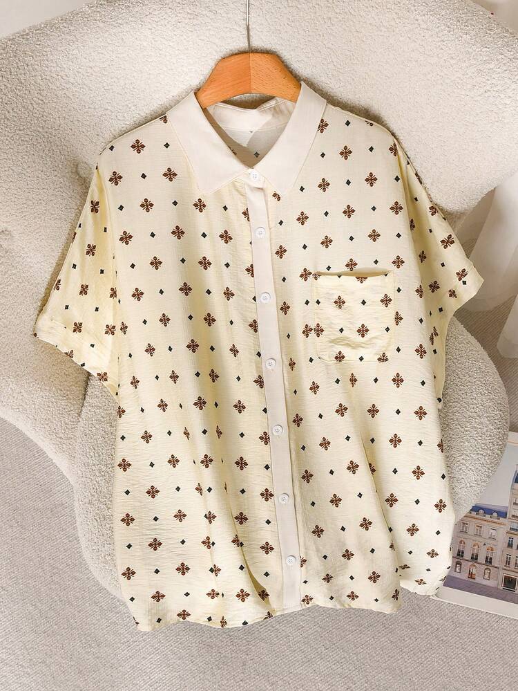 CosyJoli Plus Size Casual Contrast Trim Shirt,Brown Printed Button-Front Short Sleeve Top For Women,Summer Smart Casual Everyday Cute Outing Blouse,Apricot - Apricot - View 7