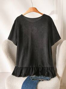 CosyJoli Plus Size Women's Black T-Shirt, Washed Short Sleeve Top, Casual Boho Clothing, Outerwear, Cute Summer Ruffle Hem Women Wear For Vacation Date Night - Black - View 3