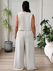 SHEIN EZwear Plus Size Women 2pcs Set - Striped Minimalist Round Neck Tank Top And Casual Pants - Black and White - View 3