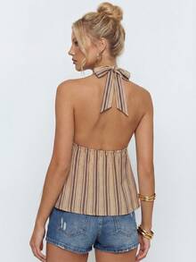 Avantive Áo tank top nữ kẻ sọc cổ yếm hở lưng, kiểu dáng thường ngày, thích hợp cho mùa hè. - Màu Khaki - Xem 2