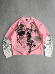 ROMWE MEN Men's Casual Contrast Color Patchwork Gothic Style Print 2 In 1 T-Shirt, Spring/Autumn - Baby Pink - View 3