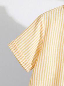 SHEIN 2pcs Tween Boy Striped Short Sleeve Mandarin Collar Shirt And Pants Set,Beige Summer Casual Family Matching Loose Raglan Outfit For School Daily - Multicolor - View 5
