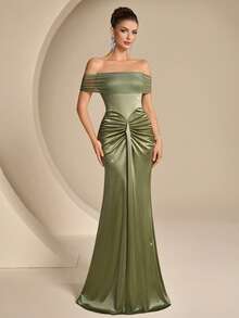 Coutiva Vestido de noche formal de sirena con hombros descubiertos (muy enjoyado) para mujer - Verde - Ver 7