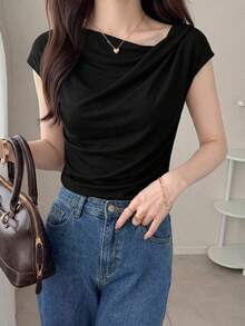 DAZY Women Fashion Solid Color Slim Short Sleeve T-Shirt - Black - View 6
